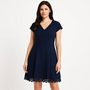 Studio One Textured Fit & Flare Lace Hem Short Sleeve Navy Dress Size 14